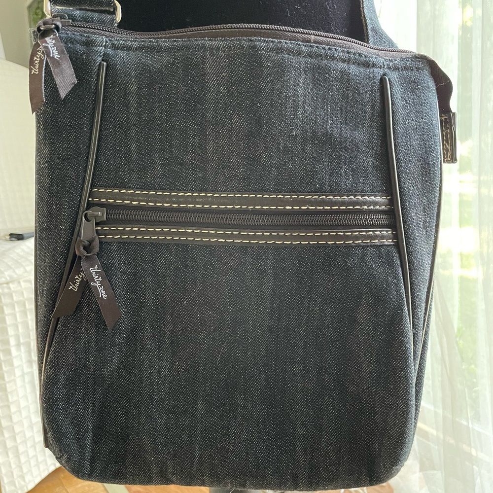 Thirty-one Crossbody Denim Purse w/ Brown Trim & Striped Brown & White Inside
